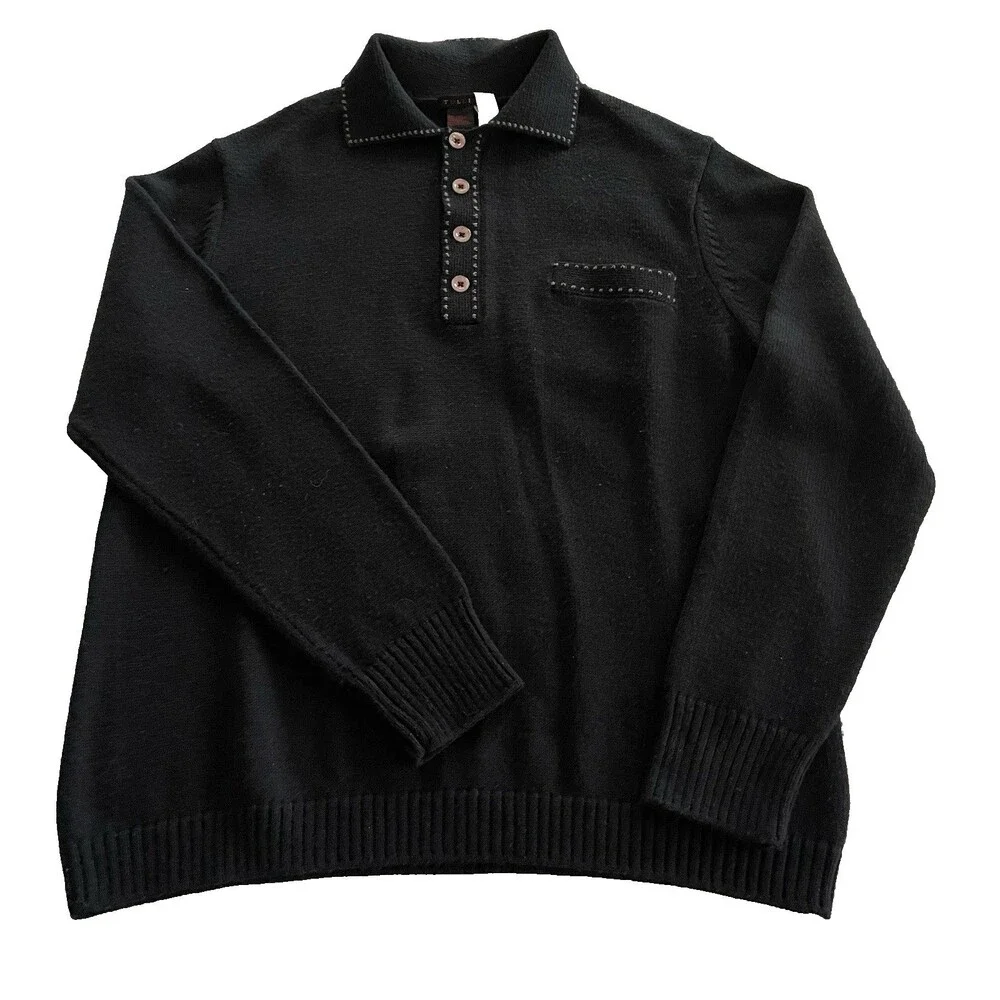 Tulliano Qtr Button Pullover Black Sweater Decorative Stitch Large 42